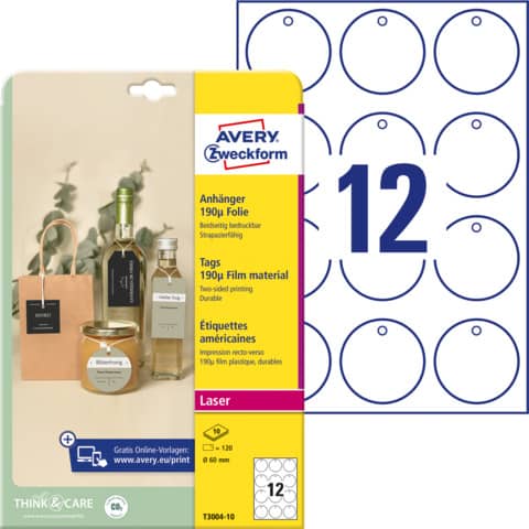 Cartellini micro-perforati Avery ultraresistenti in plastica 190µ tondi bordi lisci in conf. da 120 pz T3004-10